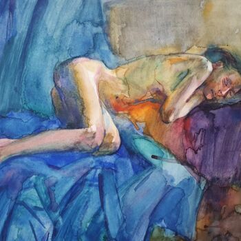 Pintura titulada "Nude Model (blue)" por Olga Brink Art, Obra de arte original, Acuarela