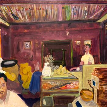 「Nagaur bazaar shop」というタイトルの絵画 Michel Testardによって, オリジナルのアートワーク, アクリル ウッドパネルにマウント