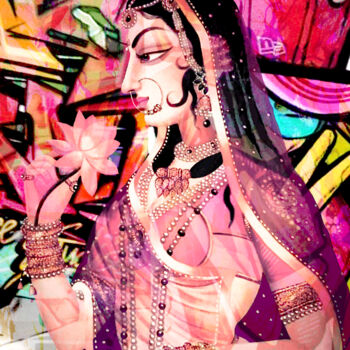 Arts numériques intitulée "Mughal Lady with Fl…" par Alexey Solodov, Œuvre d'art originale, Peinture numérique Monté sur Châ…