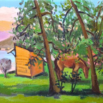 绘画 标题为“Wood cabin by the l…” 由Joan Mato, 原创艺术品, 油