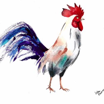 Painting titled "Colorful Rooster Wa…" by Luba Kholov, Original Artwork, Watercolor