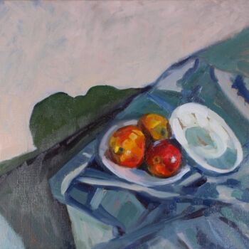 Ζωγραφική με τίτλο "3 pommes" από Jean-Marc Wettstein, Αυθεντικά έργα τέχνης, Λάδι Τοποθετήθηκε στο Ξύλινο φορείο σκελετό