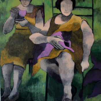 Peinture intitulée "Deux amies au jardi…" par Aliaa Essam, Œuvre d'art originale, Acrylique Monté sur Châssis en bois