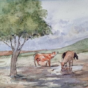 Ζωγραφική με τίτλο "La campagne, Point…" από Pierre Milosavljevic, Αυθεντικά έργα τέχνης, Ακουαρέλα