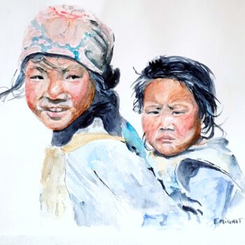 Peinture intitulée "Enfants du Népal 2" par Florence Mignot, Œuvre d'art originale, Aquarelle