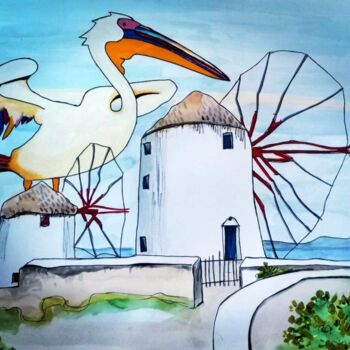 Schilderij getiteld "art MYKONOS" door Lilian Manolakaki (lm artist), Origineel Kunstwerk, Aquarel