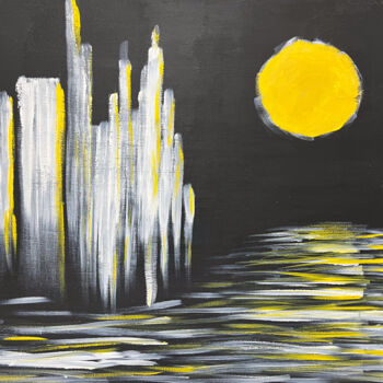 Painting titled "Moonlit Metropolis" by Maksim Gorshkov, Original Artwork, Acrylic Mounted on Wood Stretcher frame