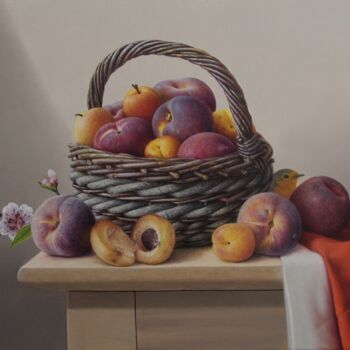 Painting titled "Panier de pêches et…" by Reza Sarrafi, Original Artwork, Oil Mounted on Wood Stretcher frame
