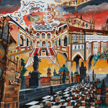 Painting titled "Escaliers et cloche…" by Marianne Kiciak, Original Artwork, Oil Mounted on Wood Panel