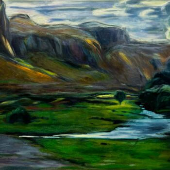 Painting titled "''Spring landscape''" by Raffi Ghazaryan, Original Artwork, Oil Mounted on Wood Stretcher frame