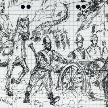 Disegno intitolato "Kriegsmarsch in Mit…" da Götz Wiedenroth, Opera d'arte originale, Inchiostro