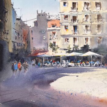 Painting titled "Valencia Sunlit Squ…" by Eugenia Gorbacheva, Original Artwork, Watercolor