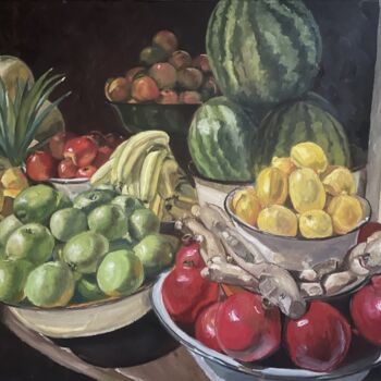 Painting titled "Vibrant Still Life…" by Victoria Kukuy, Original Artwork, Oil Mounted on Wood Stretcher frame