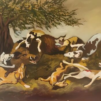绘画 标题为“Wild boar and dogs…” 由Filip Petrovic, 原创艺术品, 丙烯 安装在木质担架架上