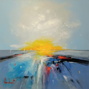 Painting titled "Au loin" by Franck Hebert, Original Artwork, Oil Mounted on Wood Stretcher frame