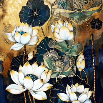 Digital Arts titled "Moonlit lotuses" by Irina Bast, Original Artwork, Digital Painting Mounted on Wood Stretcher frame