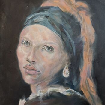 Painting titled "Girl with a Pearl E…" by Allen Light, Original Artwork, Oil Mounted on Wood Stretcher frame