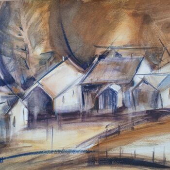 Painting titled "Hameau lozérien" by Eve Elikoff, Original Artwork, Watercolor