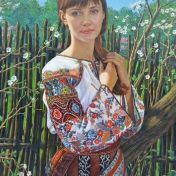 Pittura intitolato "Весна. Девушка у ты…" da Ruslan Derevcov, Opera d'arte originale, Olio