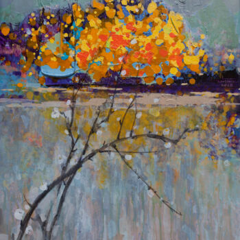 Schilderij getiteld "Gold Hues on the He…" door Khanh The Bui, Origineel Kunstwerk, Acryl Gemonteerd op Houten paneel