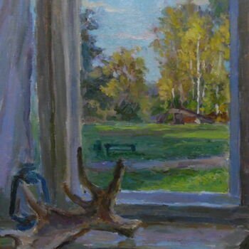 Painting titled "Studio window" by Juven Salamander, Original Artwork, Oil Mounted on Cardboard