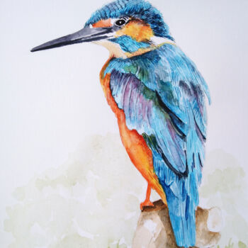 Painting titled "Kingfisher Bird - O…" by Devon, Original Artwork, Watercolor
