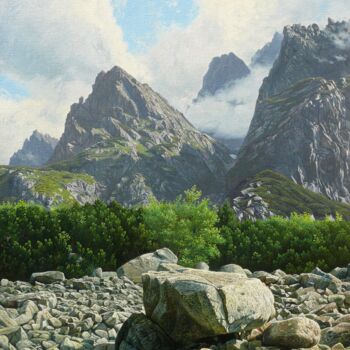 Painting titled "Morning in a mounta…" by Emil Mlynarcik, Original Artwork, Oil Mounted on Wood Stretcher frame