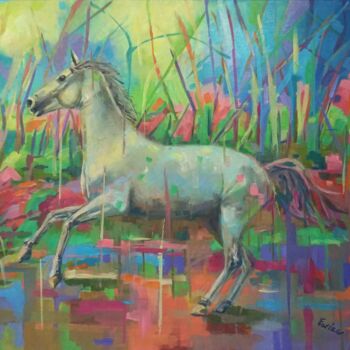 Painting titled "Caballo en color" by Amaya F Fariza, Original Artwork, Oil Mounted on Wood Stretcher frame