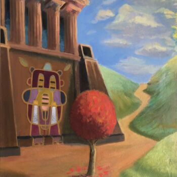 Painting titled "Red Tree" by Piotr Paluchowski, Original Artwork, Oil Mounted on Wood Stretcher frame