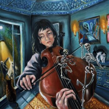 Painting titled "The dead will dance…" by Mayra Freeman, Original Artwork, Oil Mounted on Wood Stretcher frame