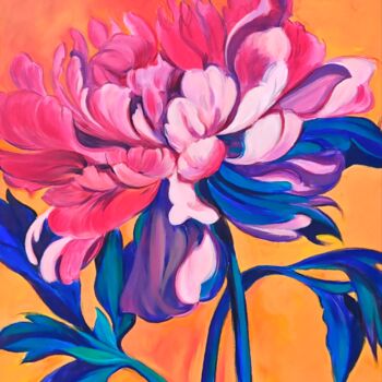 Malarstwo zatytułowany „Orange peony” autorstwa Aleksandra Romanova, Oryginalna praca, Akryl Zamontowany na Drewniana rama n…