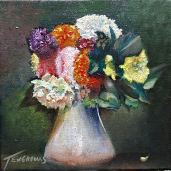 绘画 标题为“Vase au Dahlias” 由Stephane Texereau, 原创艺术品, 油 安装在木质担架架上