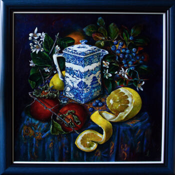 Painting titled "Blue still life wit…" by Inga Loginova, Original Artwork, Oil Mounted on Wood Stretcher frame