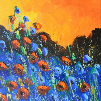 Painting titled "Crimson whispers at…" by Pol Ledent, Original Artwork, Oil Mounted on Wood Stretcher frame