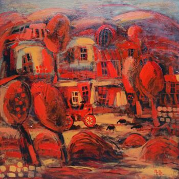 绘画 标题为“Crimson Village” 由Davit Arstamyan, 原创艺术品, 丙烯 安装在木质担架架上