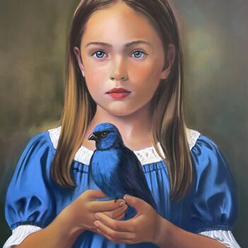 Painting titled "L'oiseau bleu" by Brigitte Bouron, Original Artwork, Pastel