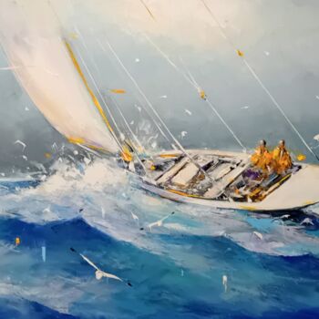 Painting titled "A contre courant" by Franck Hebert, Original Artwork, Oil Mounted on Wood Stretcher frame