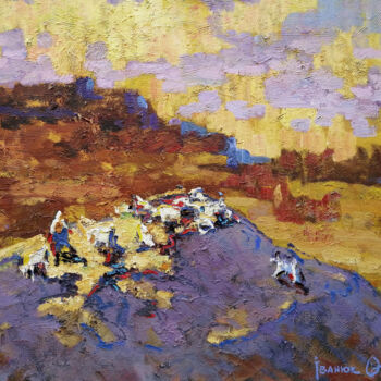 Painting titled "Evening landscape" by Oleksiy Ivanyuk, Original Artwork, Oil Mounted on Wood Stretcher frame