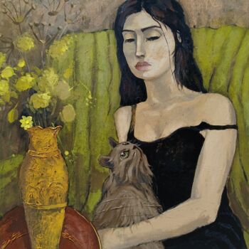 Peinture intitulée "Her Quiet Companion" par Davit Arstamyan, Œuvre d'art originale, Acrylique Monté sur Châssis en bois