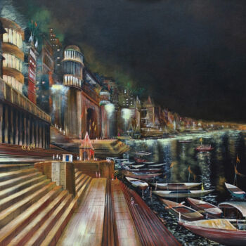 Painting titled "Banaras Ghat Night…" by Santosh Kumar Sandilya, Original Artwork, Acrylic