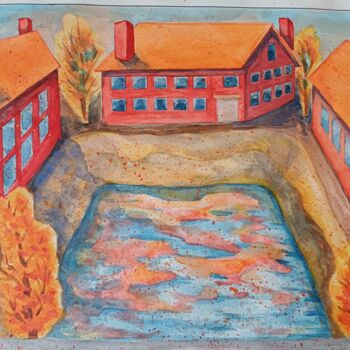 Peinture intitulée "Autumn term yard" par Joy, Œuvre d'art originale, Aquarelle