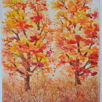 Painting titled "Autumn trees" by Joy, Original Artwork, Watercolor