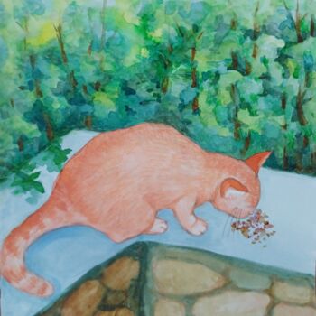Painting titled "Stray cat's breakfa…" by Joy, Original Artwork, Watercolor