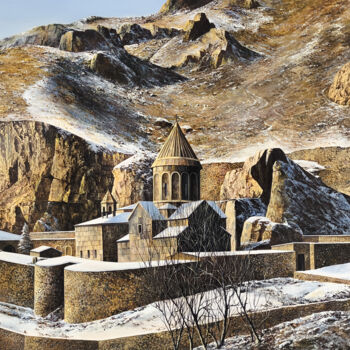 Painting titled "Sanctuary in Stone" by Sergey Miqayelya, Original Artwork, Oil Mounted on Wood Stretcher frame