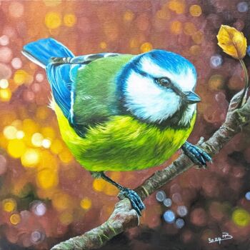 Painting titled "Mésange bleue" by Muriel Barrat, Original Artwork, Oil Mounted on Wood Stretcher frame