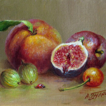 Painting titled "Fruit still life" by Valeriy Bulat, Original Artwork, Oil Mounted on Wood Stretcher frame