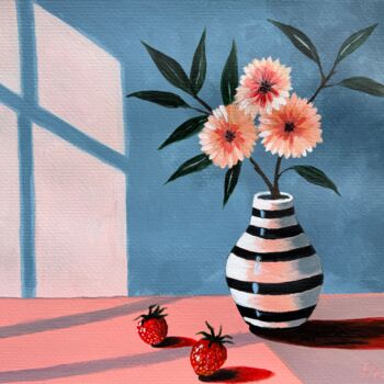 Ζωγραφική με τίτλο "Striped vase with p…" από Fatimie Ashyrova, Αυθεντικά έργα τέχνης, Ακρυλικό