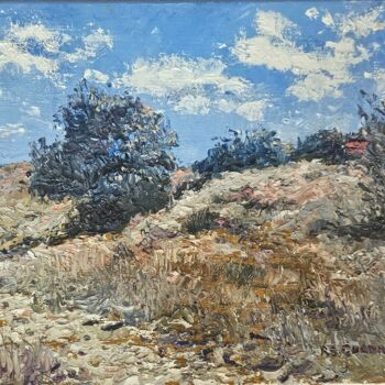 Painting titled "Hills Under the Blu…" by Reg Gardner, Original Artwork, Oil Mounted on Wood Stretcher frame