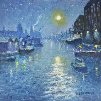 Painting titled "Moonlit Harbour" by Reg Gardner, Original Artwork, Oil Mounted on Wood Stretcher frame