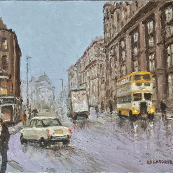 Painting titled "Yellow Bus" by Reg Gardner, Original Artwork, Oil Mounted on Wood Stretcher frame
